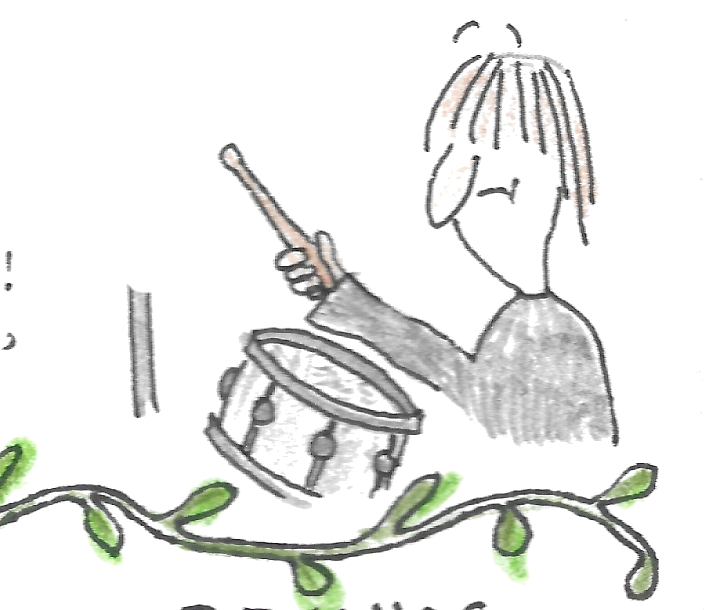 Bunny Patootie hand-drawn illustration of a drummer playing a kit, with a green leafy vine growing across the foreground