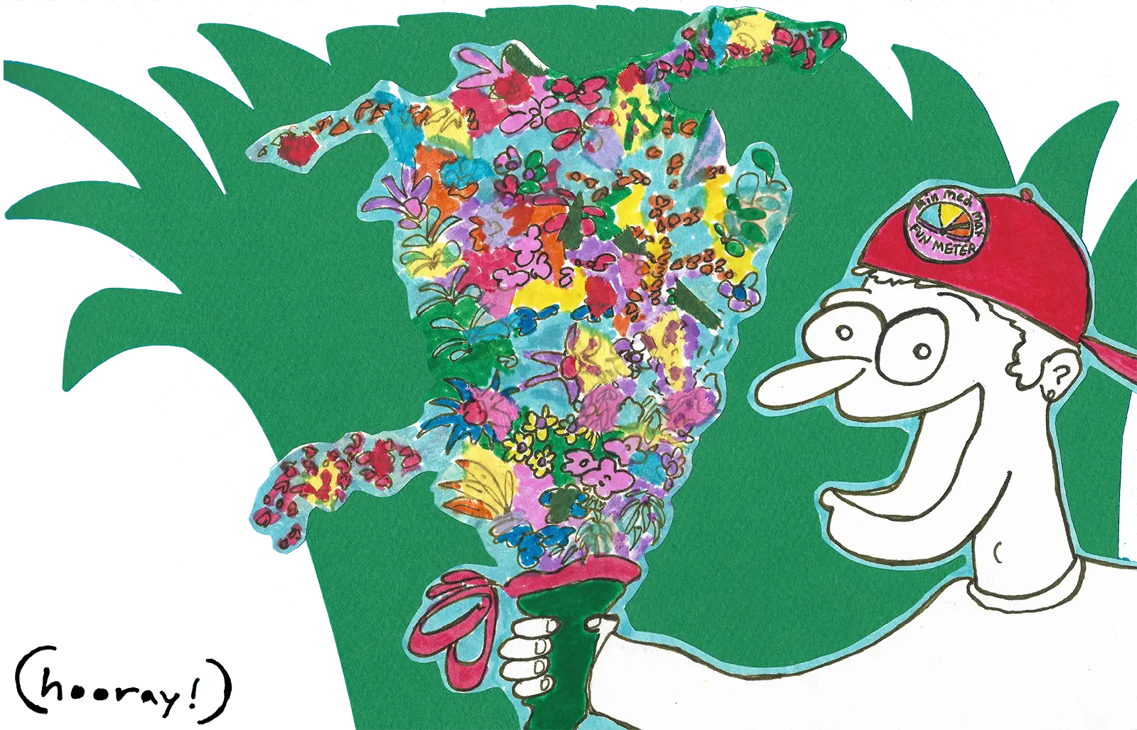 Bunny Patootie collage — a grinning figure in a red cap holding an enormous bouquet of cut-paper flowers against green palm leaves