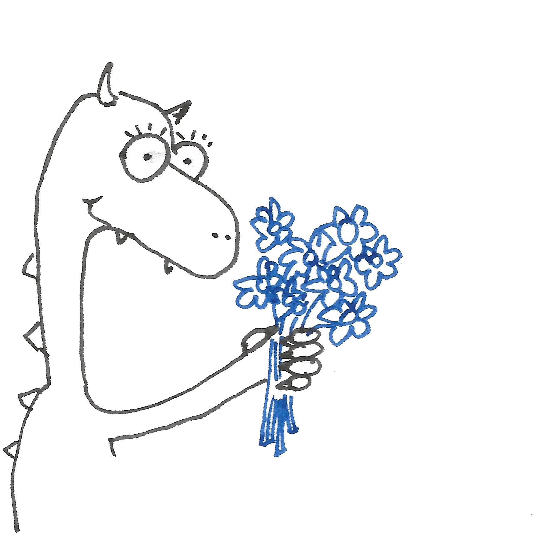 Bunny Patootie hand-drawn monster holding a bouquet of blue flowers, surrounded by floating hearts