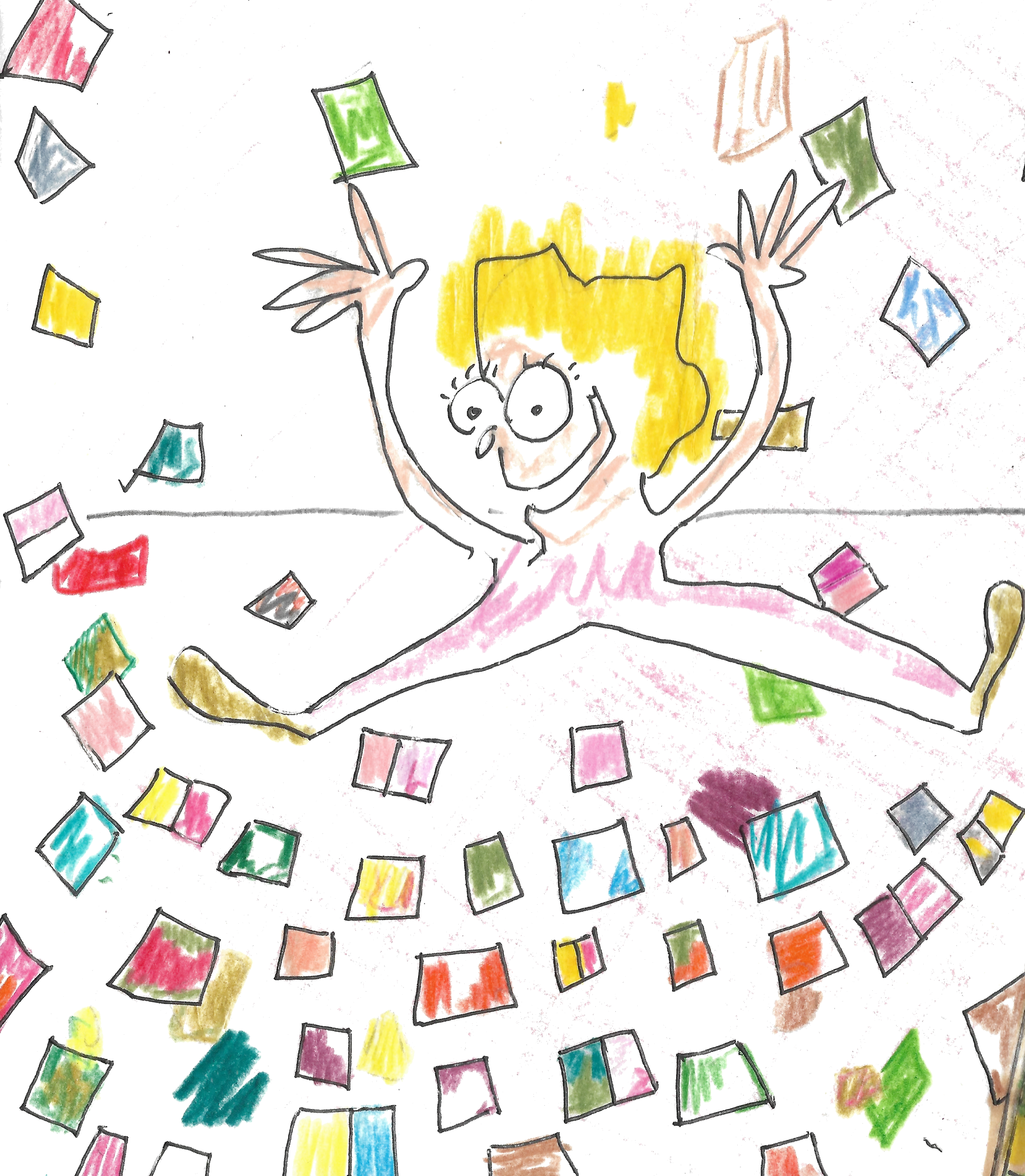 Bunny Patootie hand-drawn illustration of a delighted figure leaping among dozens of scattered, brightly coloured record sleeves