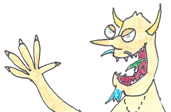 Bunny Patootie hand-drawn illustration of a grinning yellow devil with horns and a clawed hand raised