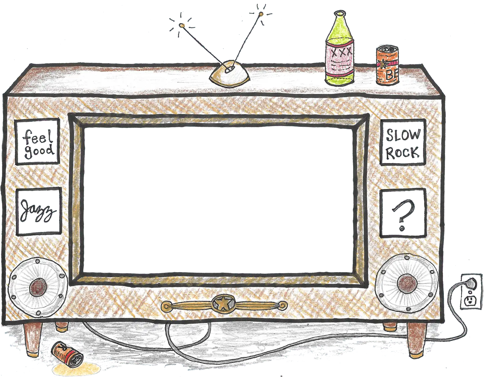 Bunny Patootie hand-drawn illustration of an old wood-panelled television with a bent aerial, a bottle and a can on top, and four labelled buttons on its front: feel good, jazz, slow rock, and a question mark