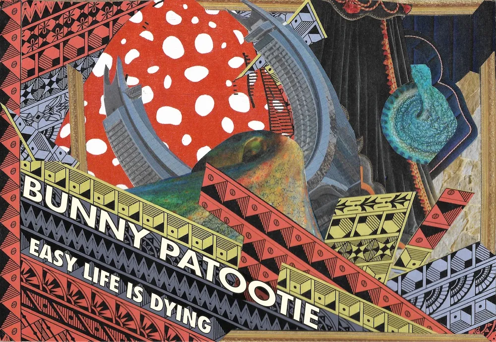 Easy Life is Dying album artwork — a collage of red, yellow and slate patterned paper around a polka-dotted sun